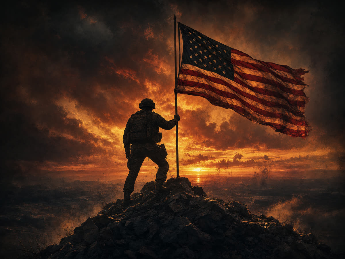 Soldier kneeling before an American flag at sunset