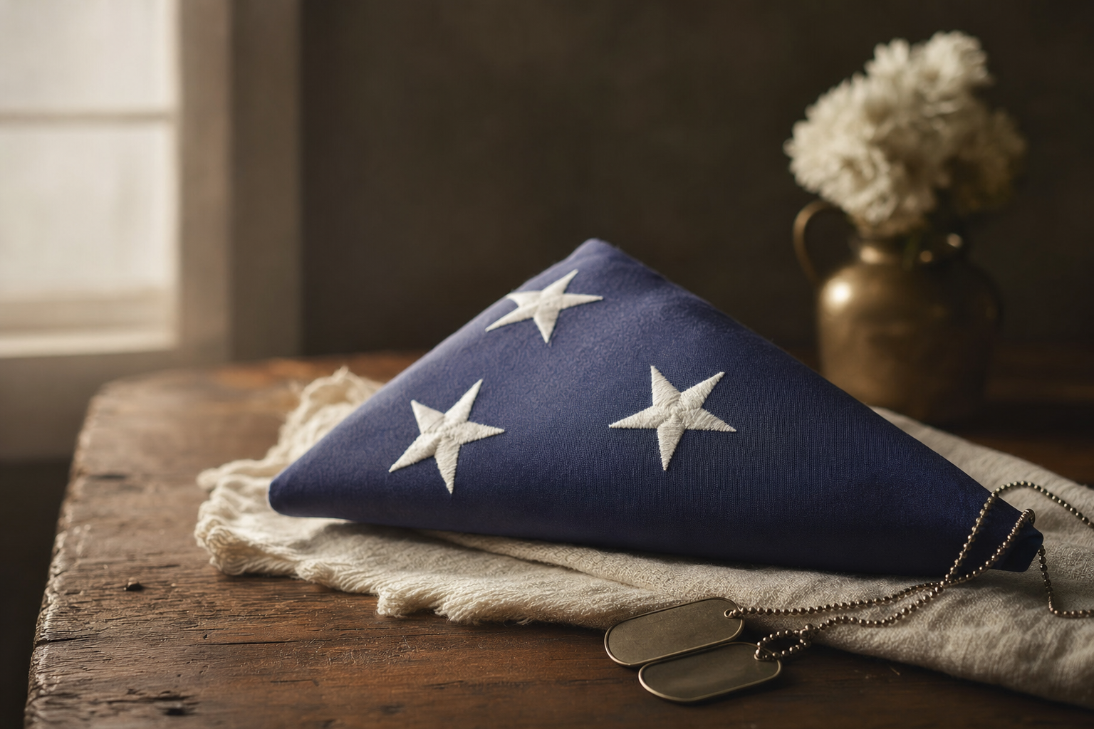 Folded American flag and dog tags on a wooden table